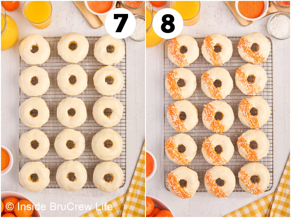 Two pictures collaged together showing how to add glaze and sprinkles to donuts.