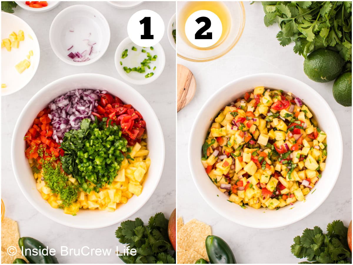 Two pictures collaged together showing how to make a pineapple salsa.