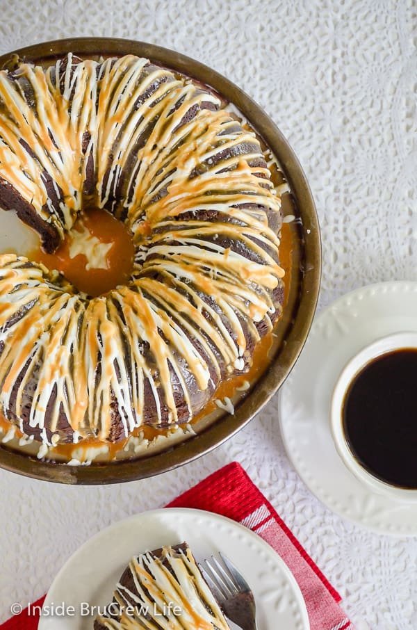 Overhead picture of a salted caramel mocha bundt cake on a plate.