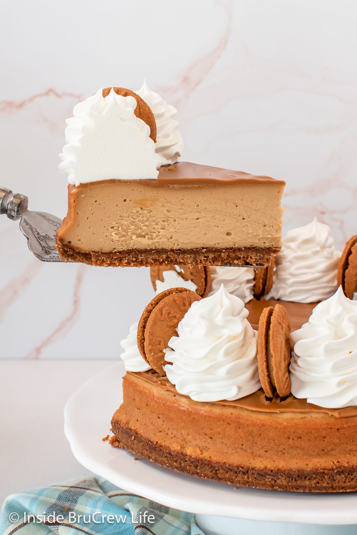 A slice of cheesecake being lifted up off a cake plate.