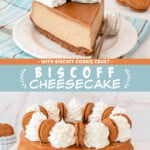 Two pictures of Biscoff cheesecake with a blue text box.