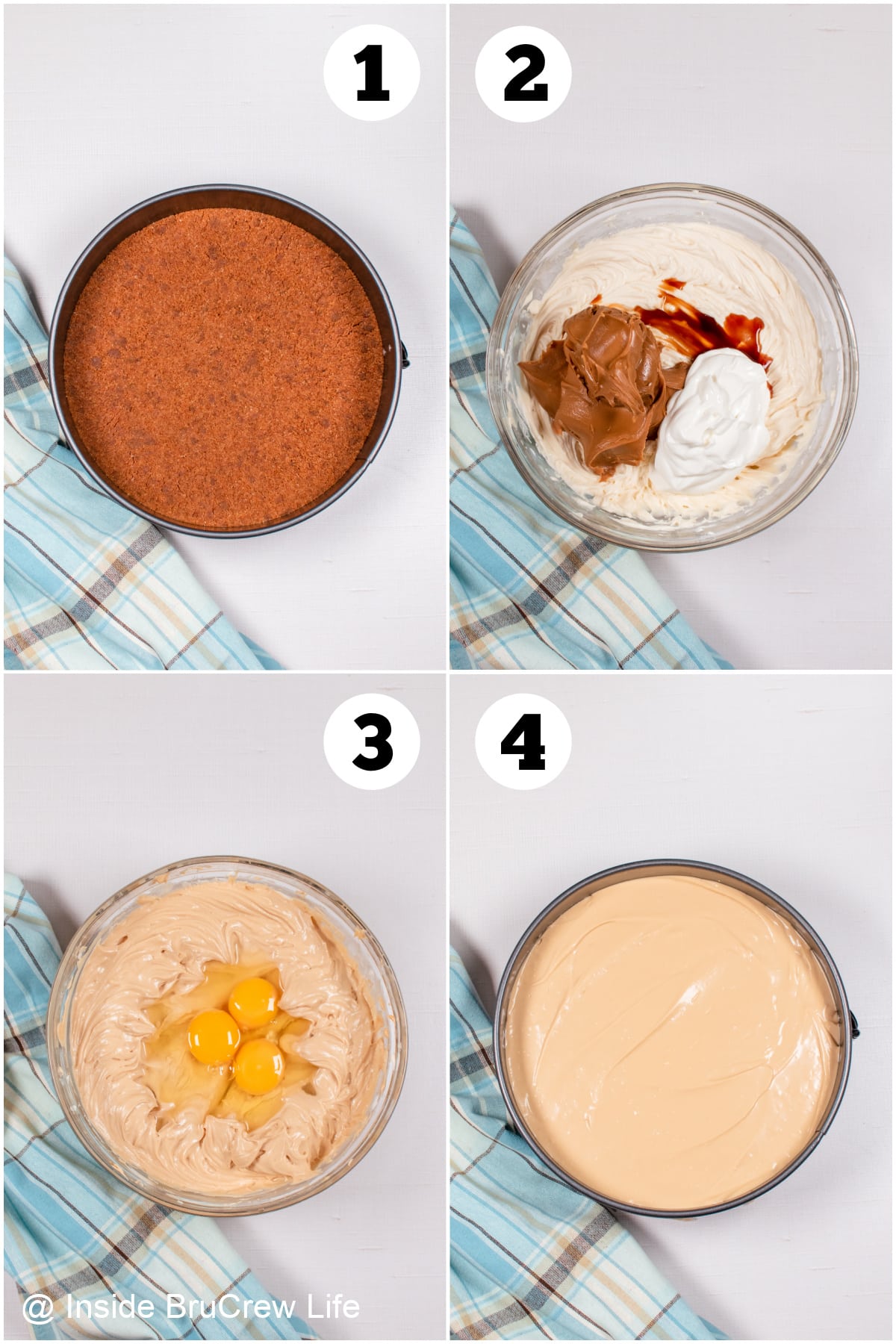 Four pictures collaged together showing how to make cheesecake batter.