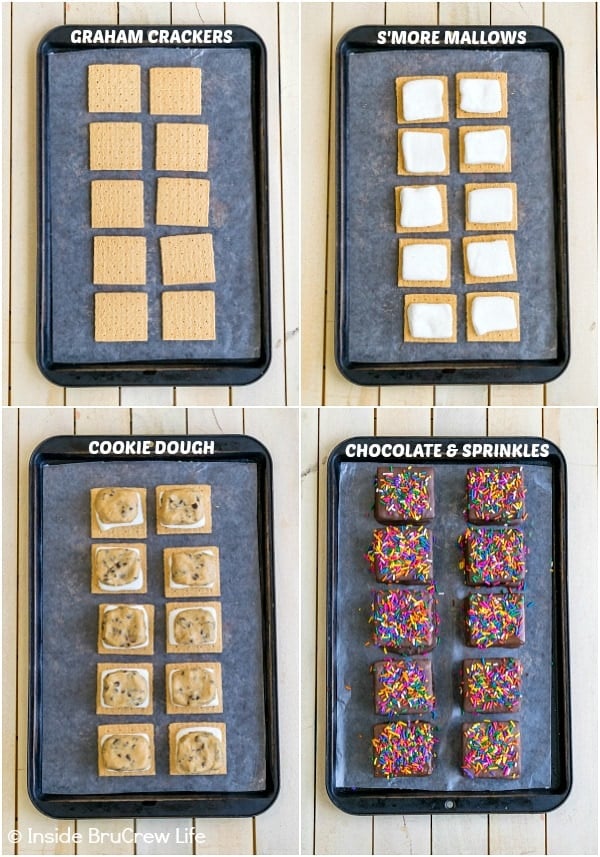 Four pictures collaged together showing how to put together no bake cookie dough s'mores