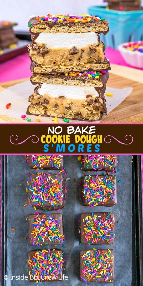 Two pictures of no bake cookie dough s'mores collaged together with a brown text box