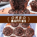 Two pictures of Oreo muffins collaged together with a brown text box.
