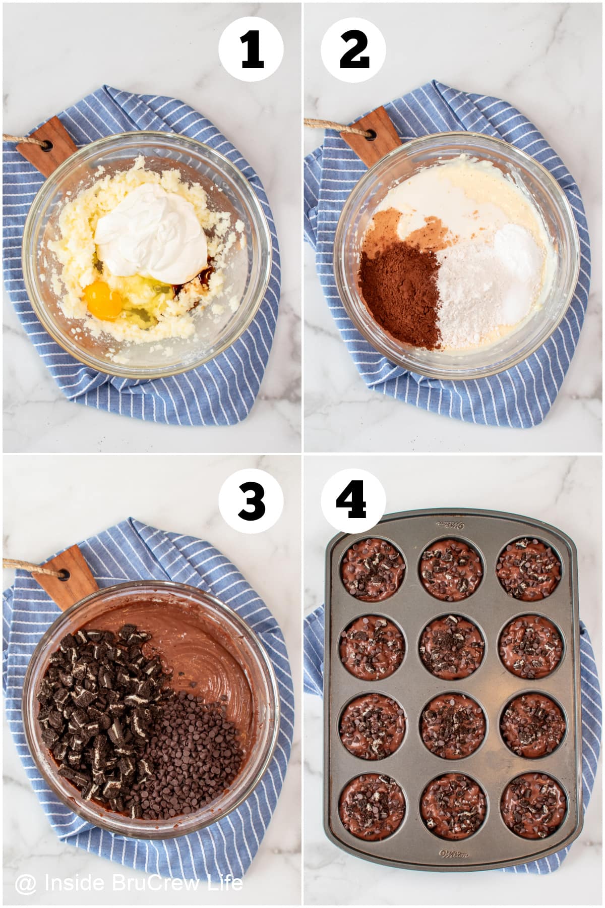 Four pictures collaged together showing how to make muffins.