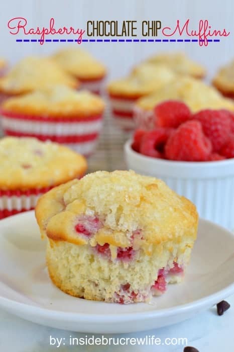 Raspberry Chocolate Chip Muffins | Inside BruCrew Life - easy baking mix muffins filled with fresh raspberries and chocolate chips #muffins #raspberry