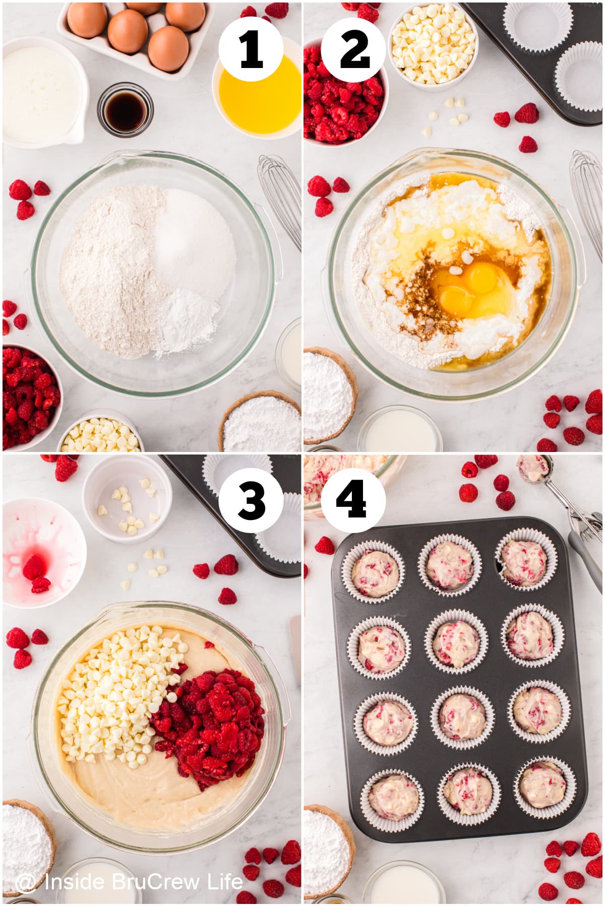 Four pictures collaged together showing how to make fruit muffins.