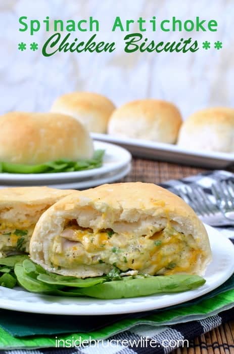 Spinach Artichoke Chicken Biscuits - spinach, artichoke, chicken, and 3 kinds of cheese baked inside a #Pillsbury grands biscuit