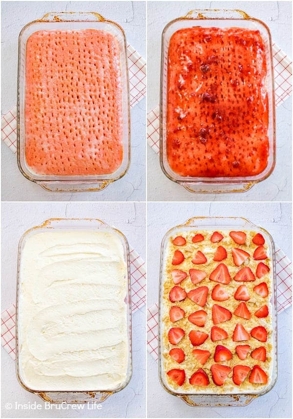 Four pictures showing how to make a strawberry cheesecake poke cake.