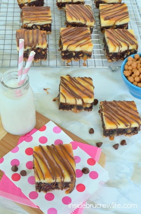 Take 5 Cheesecake Brownies - cheesecake brownies with a Take 5 candy bar twist https://insidebrucrewlife.com