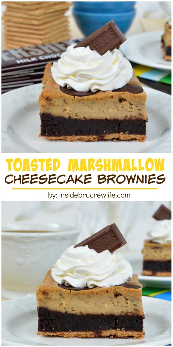 Toasted marshmallow cheesecake, brownies and a graham cracker crust is a fun way to enjoy s'mores for dessert.