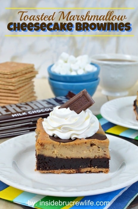 Toasted marshmallow cheesecake, brownies and a graham cracker crust is a fun way to enjoy s'mores for dessert.