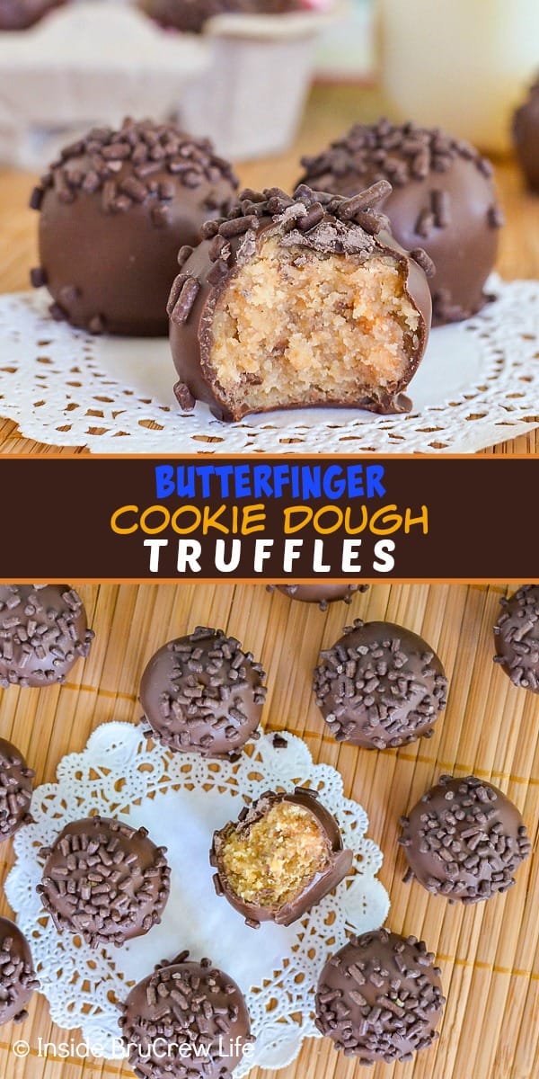 Two pictures of butterfinger cookie dough truffles collaged together with a brown text box