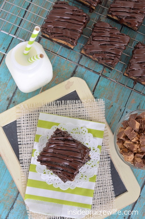 Dark chocolate cookie bars with a peanut butter cheesecake center...just yes!!!