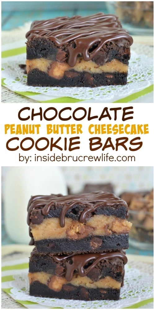 Dark chocolate cookie bars with a peanut butter cheesecake center...just yes!!!