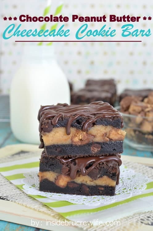 Dark chocolate cookie bars with a peanut butter cheesecake center...just yes!!!