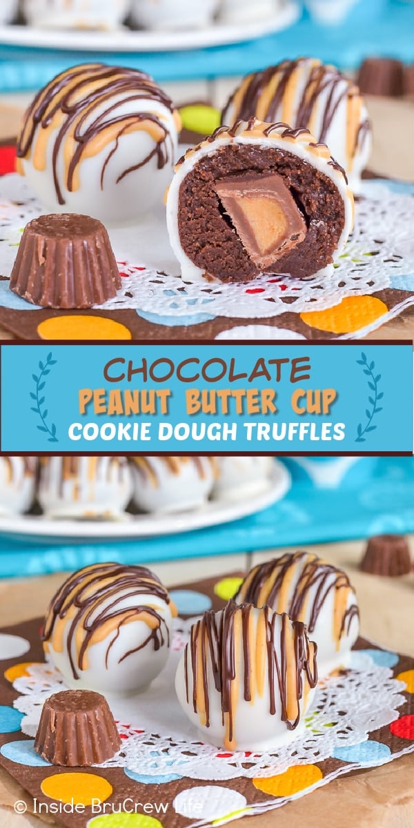 Two pictures of chocolate peanut butter cup cookie dough truffles collaged together with a teal text box