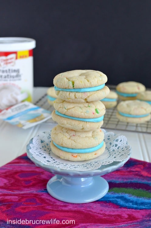 Cotton Candy Whoopie Pies - easy cake mix cookies filled with a Cotton Candy frosting http://www.insidebrucrewlife.com
