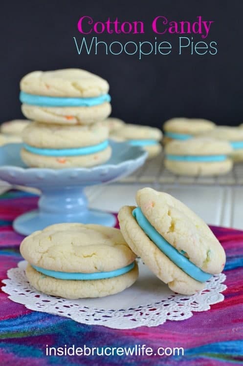 Cotton Candy Whoopie Pies - easy cake mix cookies filled with a Cotton Candy frosting http://www.insidebrucrewlife.com