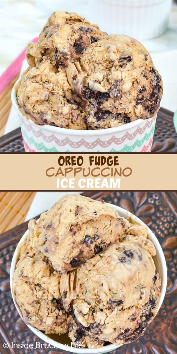 Two pictures of Oreo fudge cappuccino ice cream collaged together with a tan text box