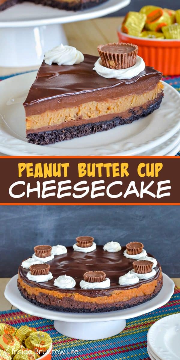 Peanut Butter Cup Cheesecake - creamy layers of chocolate and peanut butter cheesecake on an Oreo crust with more chocolate and candies is a delicious dessert. Make this awesome recipe for all your dinner parties! #cheesecake #peanutbutter #chocolate #peanutbuttercups