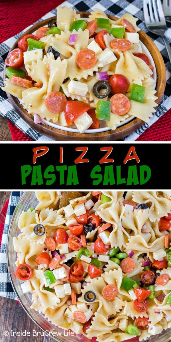 Pizza Pasta Salad - meat, cheese, and veggies make this easy pasta salad a delicious meal! Great dinner recipe for summer picnics! #pizza #pastasalad #picnicfood #salad 