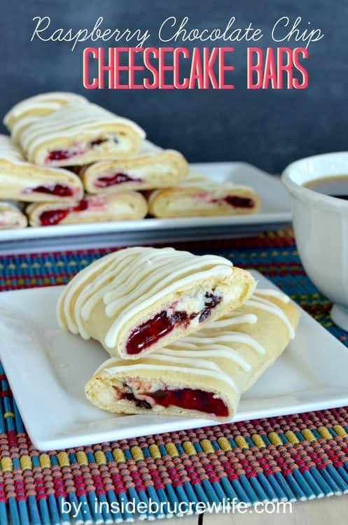 Chocolate chip cheesecake and raspberry pie filling baked inside a crescent roll makes a great breakfast or after school snack 