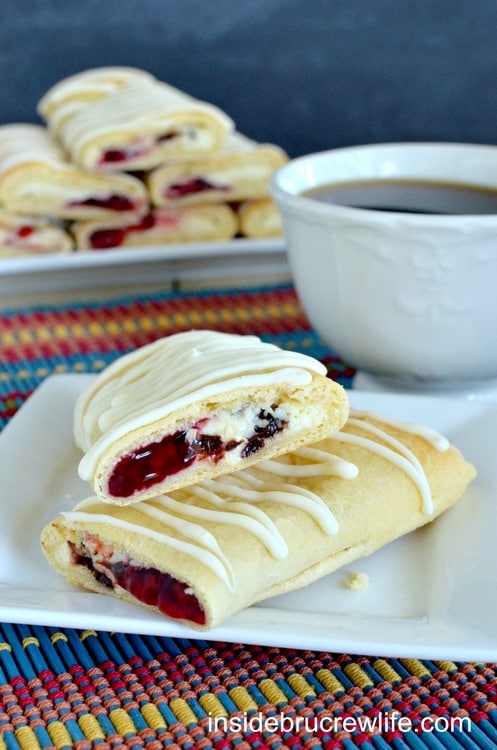 Chocolate chip cheesecake and raspberry pie filling baked inside a crescent roll makes a great breakfast or after school snack 