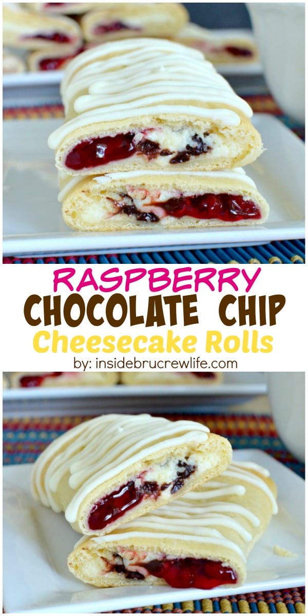 Chocolate chip cheesecake and raspberry pie filling baked inside a crescent roll makes a great breakfast or after school snack