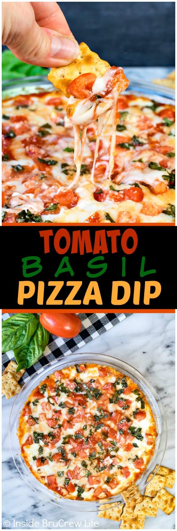 2 pictures of pizza dip separated by a black text box.