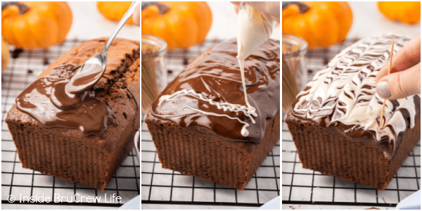 Three pictures collaged together showing how to add a chocolate drizzle to the top of pumpkin bread.