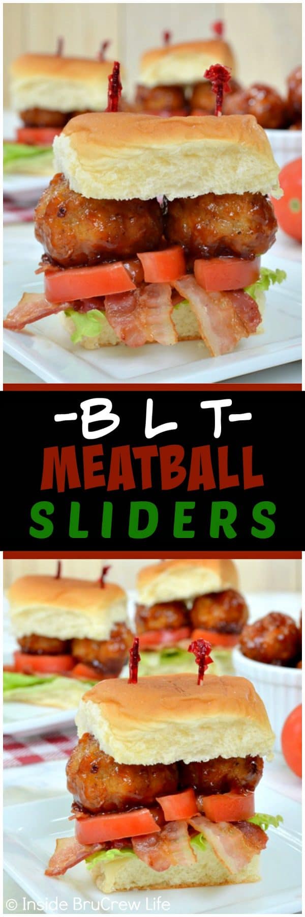 BLT Meatball Sliders - homemade barbecue meatballs inside a soft roll with bacon, lettuce, and tomato. Perfect recipe for an easy dinner or game day party appetizer!