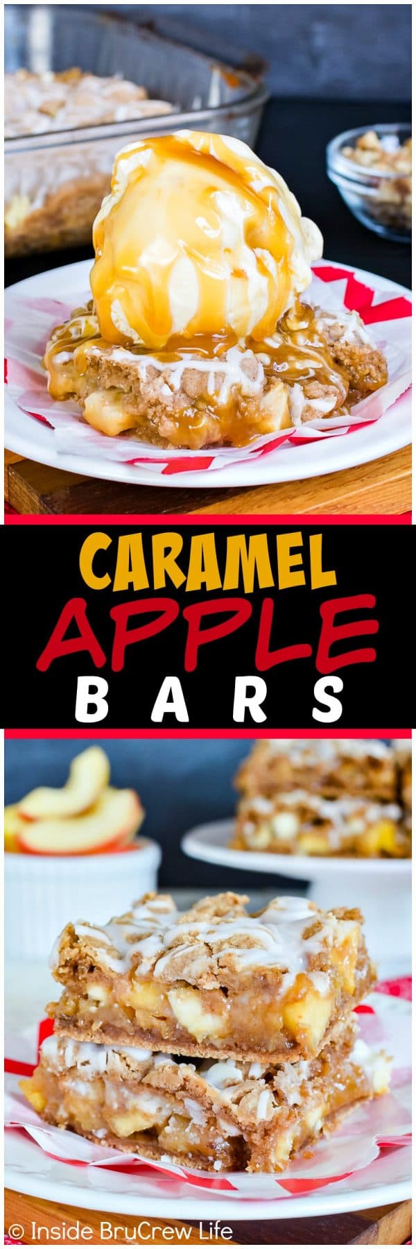 Caramel Apple Bars - this gooey bar recipe is loaded with fruit, nuts, and caramel. Add vanilla ice cream to make an awesome fall dessert! #apple #caramel #dessert #fall #easy #recipe #applebars