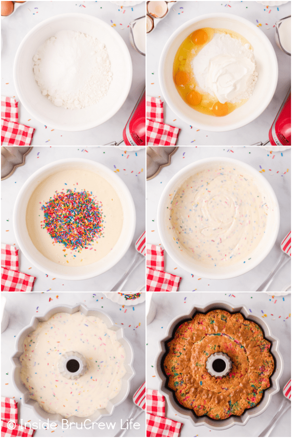 Six photos collaged together showing the steps making funfetti cake batter and a bundt cake.