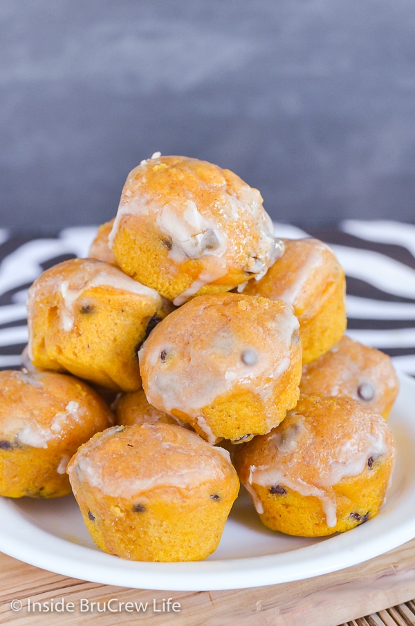 A white plate with a big stack of glazed chocolate chip pumpkin muffins on it.