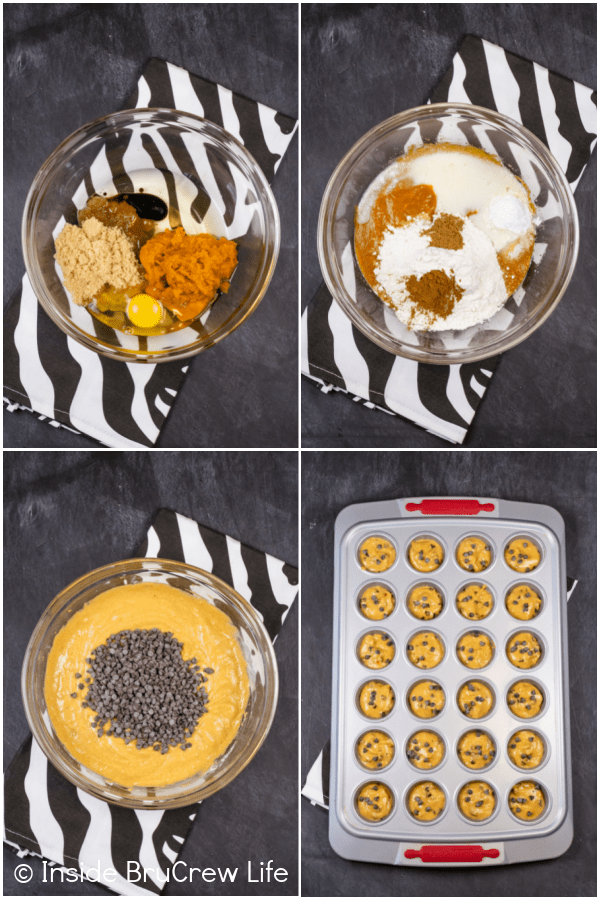 Four pictures collaged together showing the steps to making pumpkin mini muffins.