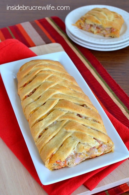 Meat Lover's Crescent Braid - 4 kinds of meat combined with 3 cheeses and wrapped in crescent rolls...best after school snack idea  https://insidebrucrewlife.com