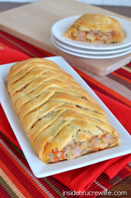 Meat Lover's Crescent Braid - 4 kinds of meat combined with 3 cheeses and wrapped in crescent rolls...best after school snack idea  http://www.insidebrucrewlife.com