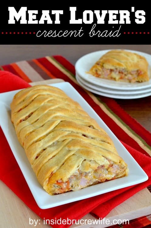 Meat Lover's Crescent Braid - 4 kinds of meat combined with 3 cheeses and wrapped in crescent rolls...best after school snack idea  http://www.insidebrucrewlife.com