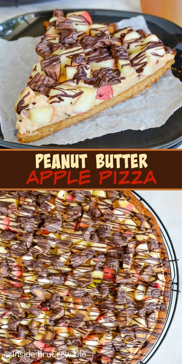 Peanut Butter Apple Pizza - creamy peanut butter, apples, and peanut butter cups on a giant peanut butter cookie makes a delicious dessert. Make this easy recipe for parties this fall! #peanutbutter #apple #cookiepizza #fall #cookie #peanutbuttercups