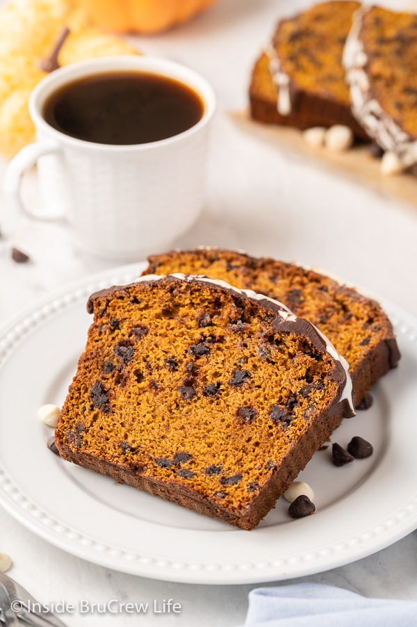 A white plate with two slices of chocolate chip pumpkin bread on it.