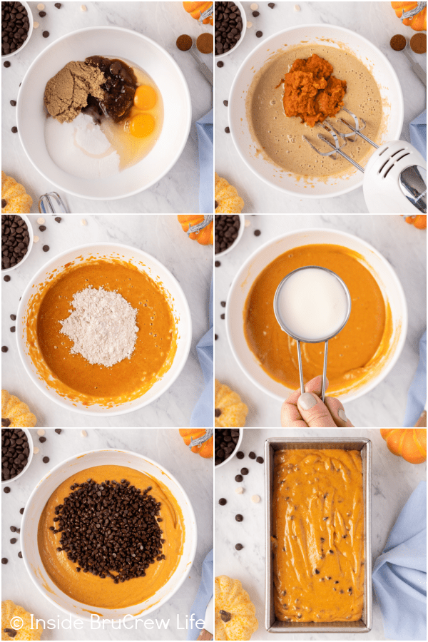 Six pictures collaged together showing the steps to make a loaf of pumpkin bread with chocolate chips.