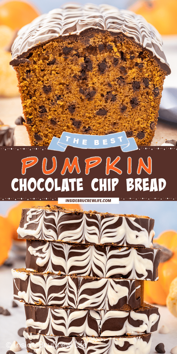 Two pictures of pumpkin bread collaged together with a brown text box.