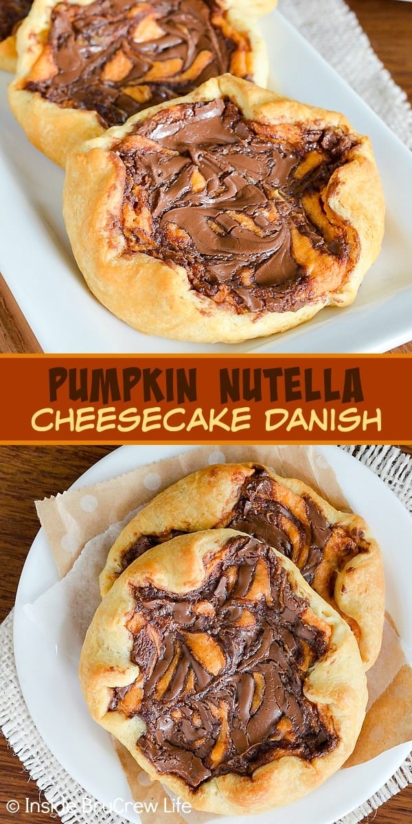 Pumpkin Nutella Cheesecake Danish - swirls of Nutella and pumpkin cheesecake make these a fun cream cheese pastry. Try this easy danish recipe for breakfast or dessert this fall.