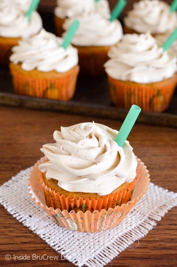 Coffee and white chocolate make these Pumpkin Spice Latte Cupcakes a fun copycat of the popular fall drink. Great dessert recipe!