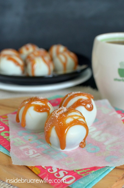 These No Bake mocha cookie dough truffles with white chocolate, caramel, and sea salt are amazing!  