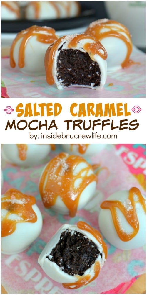 These No Bake mocha cookie dough truffles with white chocolate, caramel, and sea salt are amazing!  