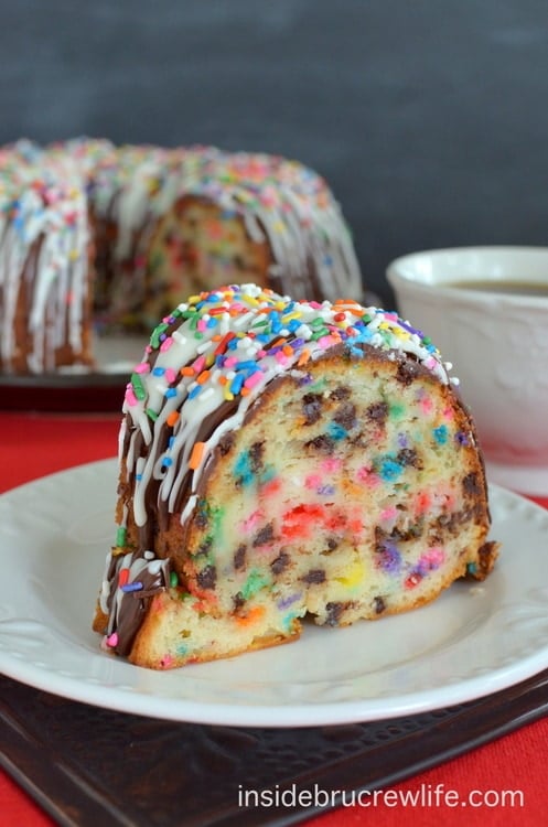 This white chocolate cake is full of fun colored sprinkles and mini chocolate chips. Everyone smiles when they see it!
