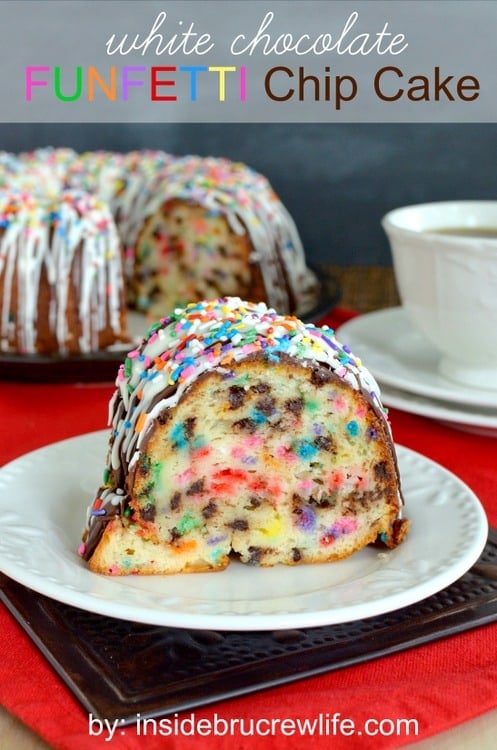 This white chocolate cake is full of fun colored sprinkles and mini chocolate chips. Everyone smiles when they see it!
